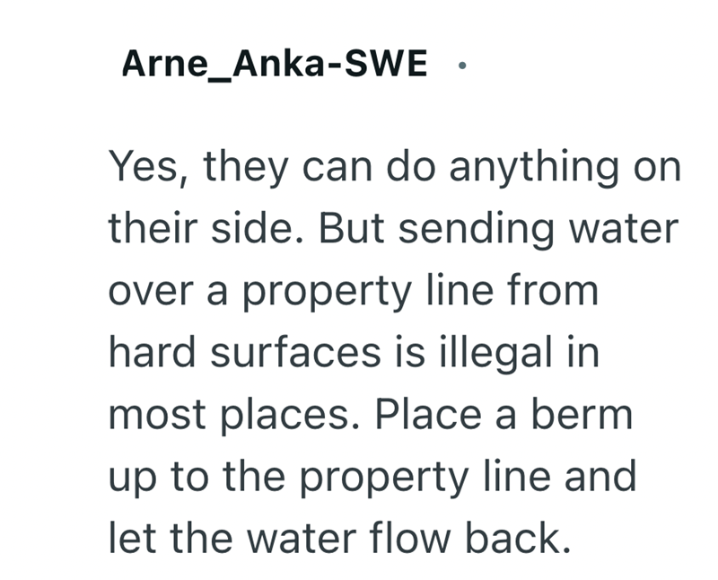 Arne Anka-SWE Yes, they can do anything on their side. But sending water over a property line from hard surfaces is illegal in most places. Place a berm up to the property line and let the water flow back.