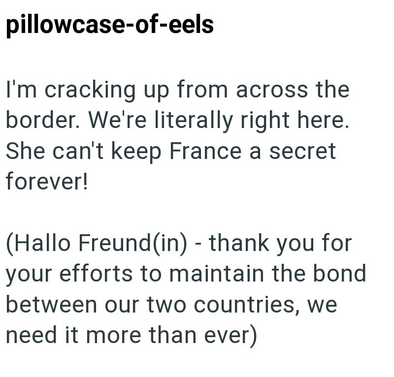 pillowcase-of-eels I'm cracking up from across the border. We're literally right here. She can't keep France a secret forever! (Hallo Freund(in) - thank you for your efforts to maintain the bond between our two countries, we need it more than ever)