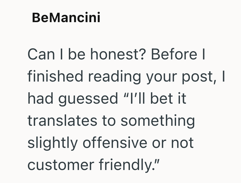 BeMancini Can I be honest? Before I finished reading your post, I had guessed "I'll bet it translates to something slightly offensive or not customer friendly."
