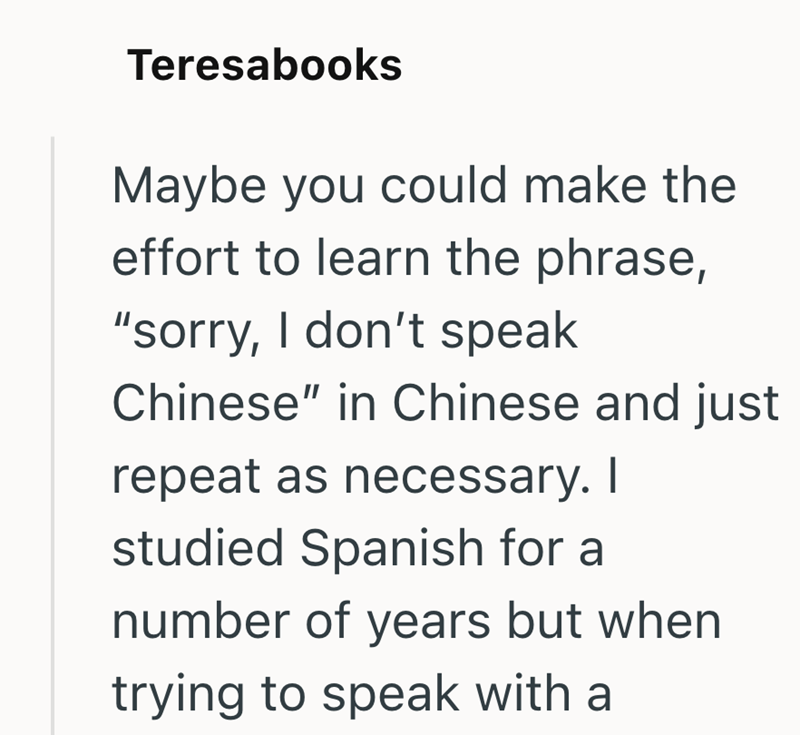 Teresabooks Maybe you could make the effort to learn the phrase, "sorry, I don't speak Chinese" in Chinese and just repeat as necessary. I studied Spanish for a number of years but when trying to speak with a