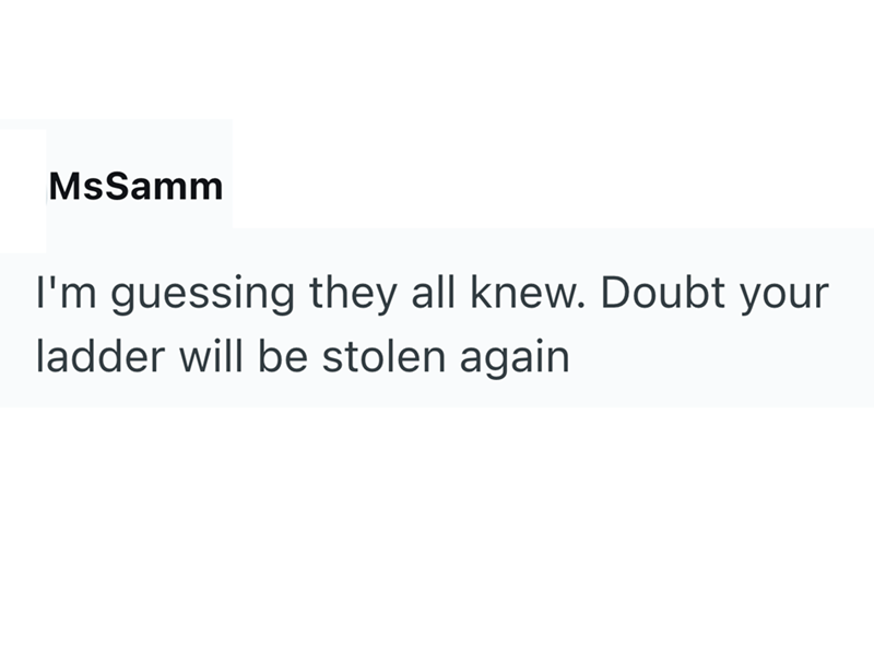 MsSamm I'm guessing they all knew. Doubt your ladder will be stolen again
