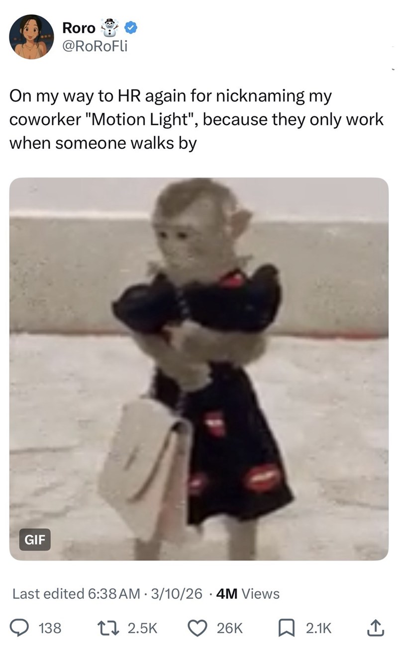 Roro @RoRoFli On my way to HR again for nicknaming my coworker "Motion Light", because they only work when someone walks by GIF Last edited 6:38 AM 3/10/26 .4M Views 138 2.5K 26K 2.1K ↑