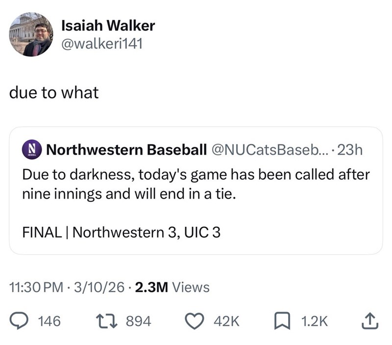 Isaiah Walker @walkeri141 due to what N Northwestern Baseball @NUCats Baseb.... 23h Due to darkness, today's game has been called after nine innings and will end in a tie. FINAL | Northwestern 3, UIC 3 11:30 PM 3/10/26 2.3M Views 146 1894 42K ☐ 1.2K ↑