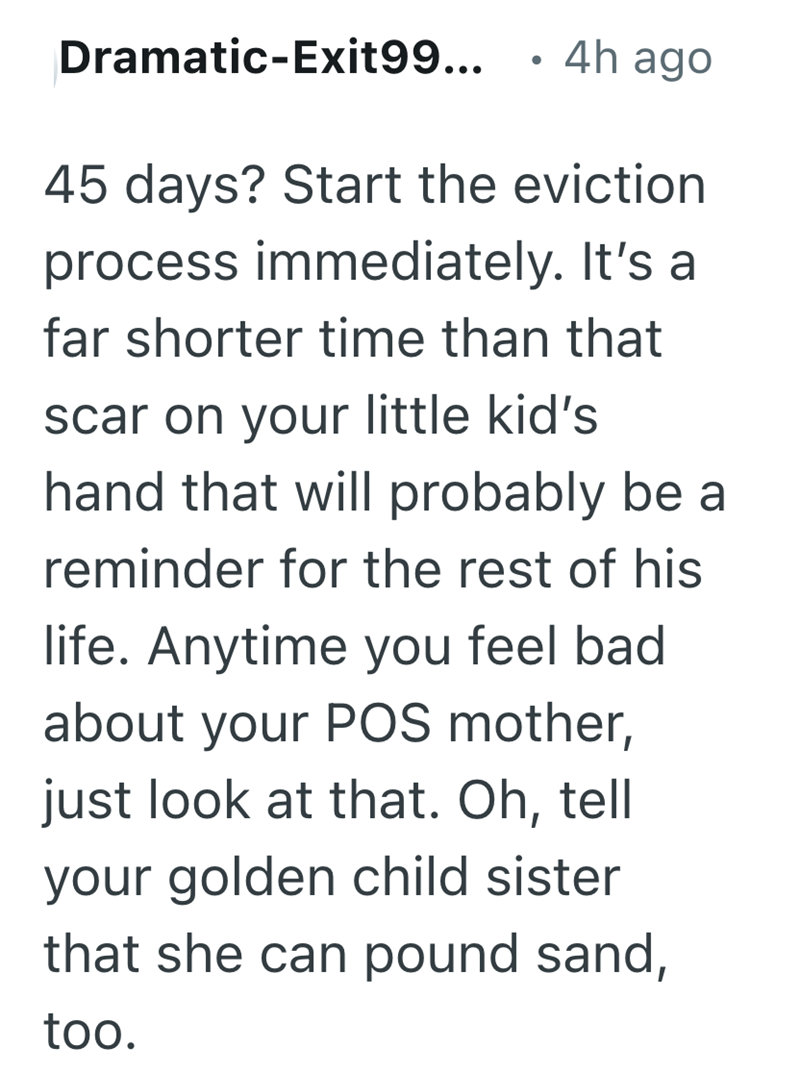 Dramatic-Exit99... • 4h ago 45 days? Start the eviction process immediately. It's a far shorter time than that scar on your little kid's hand that will probably be a reminder for the rest of his life. Anytime you feel bad about your POS mother, just look at that. Oh, tell your golden child sister that she can pound sand, too.