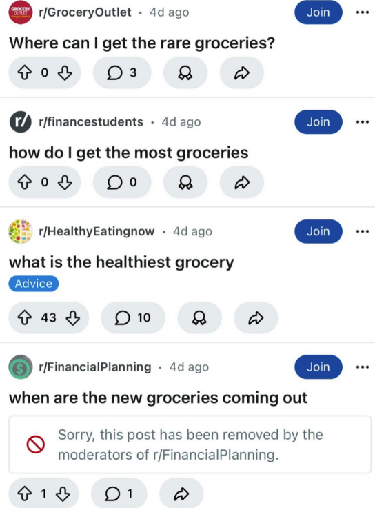 GROCERY QUILIT r/Grocery Outlet • 4d ago Where can I get the rare groceries? 803 ○ 3 ☑ rr/financestudents 4d ago how do I get the most groceries 803 r/Healthy Eatingnow .4d ago what is the healthiest grocery Advice 43 ○ 10 D D Join Join Join ③r/FinancialPlanning ⚫ 4d ago when are the new groceries coming out Join Sorry, this post has been removed by the moderators of r/Financial Planning. 813 01