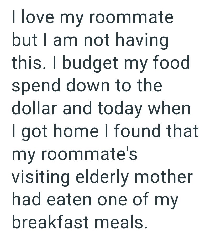 I love my roommate but I am not having this. I budget my food spend down to the dollar and today when I got home I found that my roommate's visiting elderly mother had eaten one of my breakfast meals.