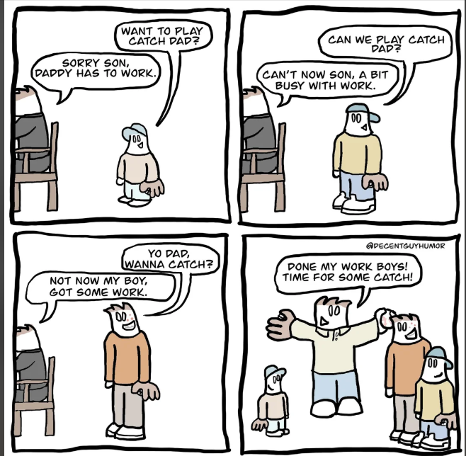 WANT TO PLAY CATCH DAD? SORRY SON, DADDY HAS TO WORK. CAN WE PLAY CATCH DAD? CAN'T NOW SON, A BIT BUSY WITH WORK. 00 YO DAD, WANNA CATCH? NOT NOW MY BOY, GOT SOME WORK. 00 @DECENTGUYHUMOR DONE MY WORK BOYS! TIME FOR SOME CATCH! 00 00