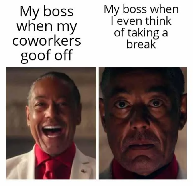 My boss when my coworkers goof off My boss when I even think of taking a break