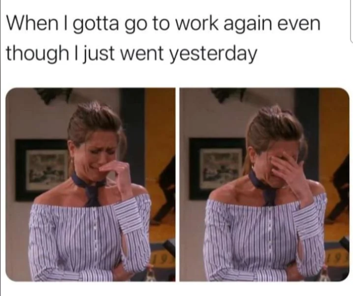 When I gotta go to work again even though I just went yesterday 19