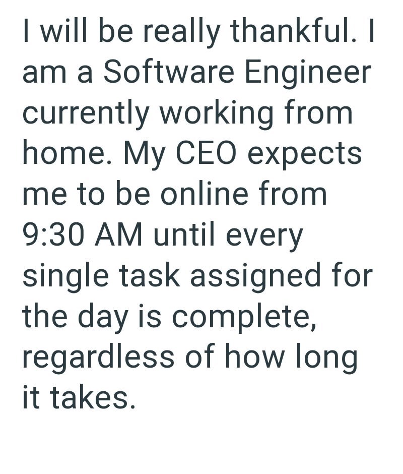 I will be really thankful. I am a Software Engineer currently working from home. My CEO expects me to be online from 9:30 AM until every single task assigned for the day is complete, regardless of how long it takes.