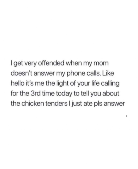 I get very offended when my mom doesn't answer my phone calls. Like hello it's me the light of your life calling for the 3rd time today to tell you about the chicken tenders I just ate pls answer