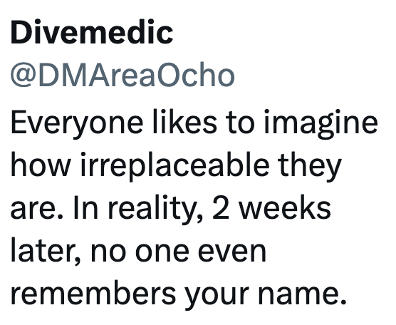 Divemedic @DMAreaOcho Everyone likes to imagine how irreplaceable they are. In reality, 2 weeks later, no one even remembers your name.