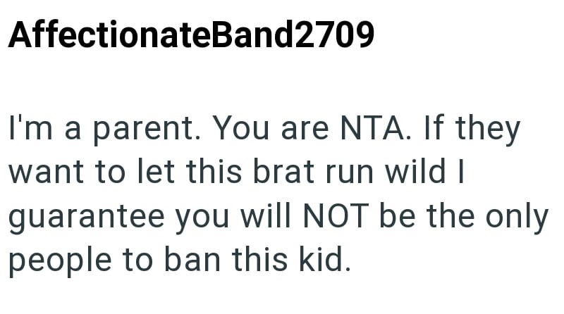 AffectionateBand2709 I'm a parent. You are NTA. If they want to let this brat run wild I guarantee you will NOT be the only people to ban this kid.