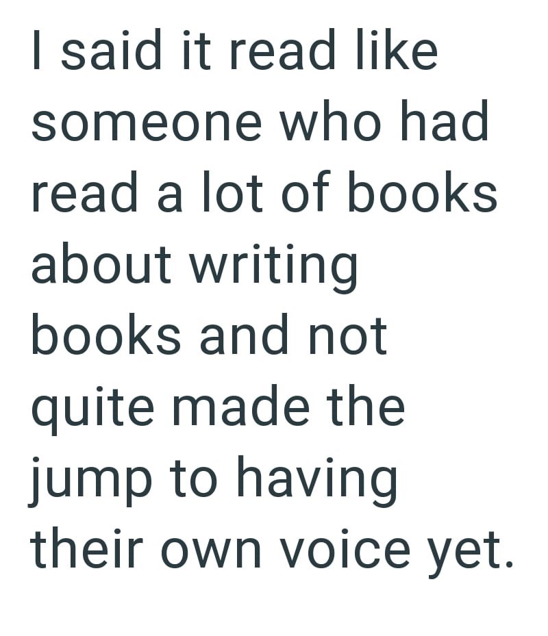 I said it read like someone who had read a lot of books about writing books and not quite made the jump to having their own voice yet.
