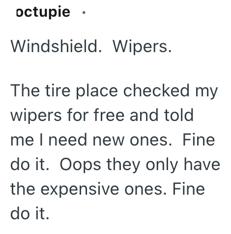 octupie Windshield. Wipers. The tire place checked my wipers for free and told me I need new ones. Fine do it. Oops they only have the expensive ones. Fine do it.