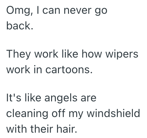 Omg, I can never go back. They work like how wipers work in cartoons. It's like angels are cleaning off my windshield with their hair.