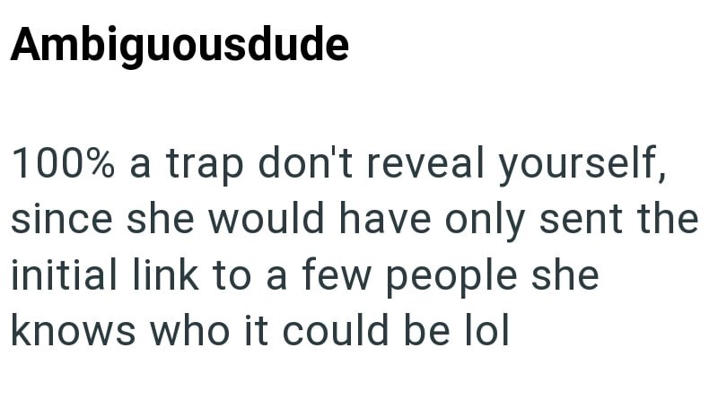 Ambiguousdude 100% a trap don't reveal yourself, since she would have only sent the initial link to a few people she knows who it could be lol