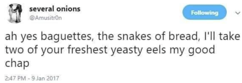 several onions @Amusitron Following ah yes baguettes, the snakes of bread, I'll take two of your freshest yeasty eels my good chap 2:47 PM - 9 Jan 2017