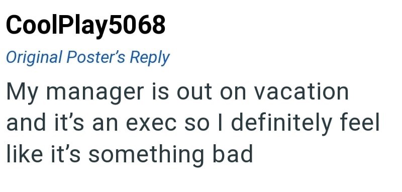 CoolPlay5068 Original Poster's Reply My manager is out on vacation and it's an exec so I definitely feel like it's something bad