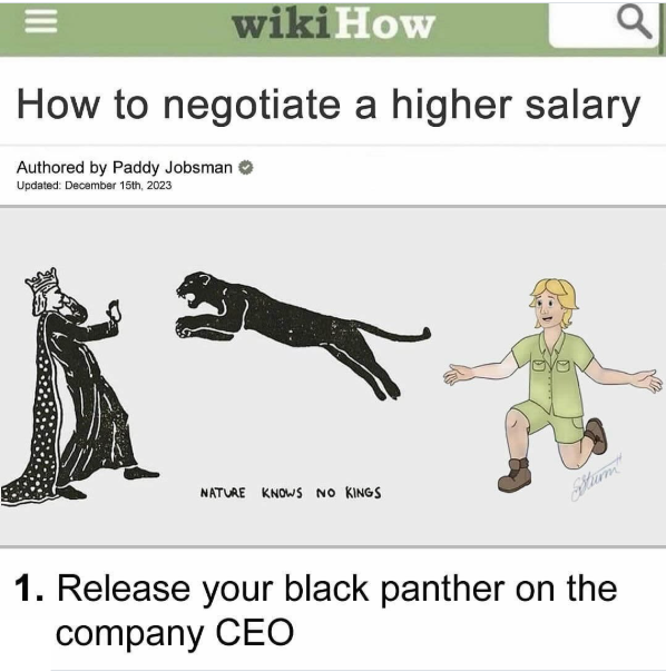= wikiHow Q How to negotiate a higher salary Authored by Paddy Jobsman Updated: December 15th, 2023 NATURE KNOWS NO KINGS Sturm 1. Release your black panther on the company CEO