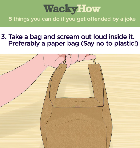 WackyHow 5 things you can do if you get offended by a joke 3. Take a bag and scream out loud inside it. Preferably a paper bag (Say no to plastic!)