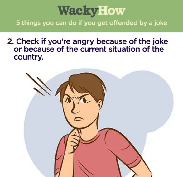 WackyHow 5 things you can do if you get offended by a joke 2. Check if you're angry because of the joke or because of the current situation of the country.