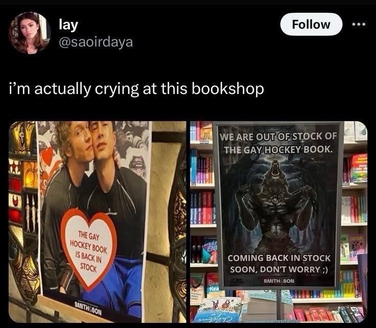 lay @saoirdaya i'm actually crying at this bookshop Follow WE ARE OUT OF STOCK OF THE GAY HOCKEY BOOK. r the DE OPIRAL THE GAY HOCKEY BOOK EN IS BACK IN STOCK COMING BACK IN STOCK SOON, DON'T WORRY ;) SMITH SON Bea Kea SMITHSSON