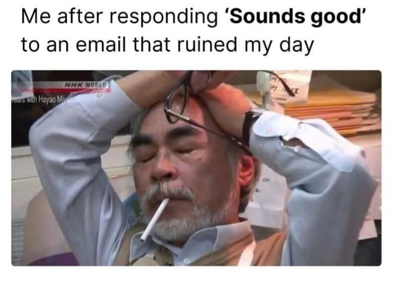 Me after responding 'Sounds good' to an email that ruined my day rears with Hayao Mi NHK WORLD