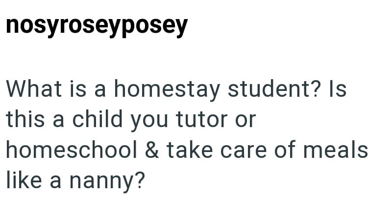 nosyroseyposey What is a homestay student? Is this a child you tutor or homeschool & take care of meals like a nanny?
