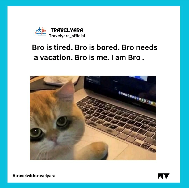 TRAVELYARA travelyara Travelyara_official Bro is tired. Bro is bored. Bro needs a vacation. Bro is me. I am Bro. #travelwithtravelyara 4 4 4 H N 14 4 M 4 A
