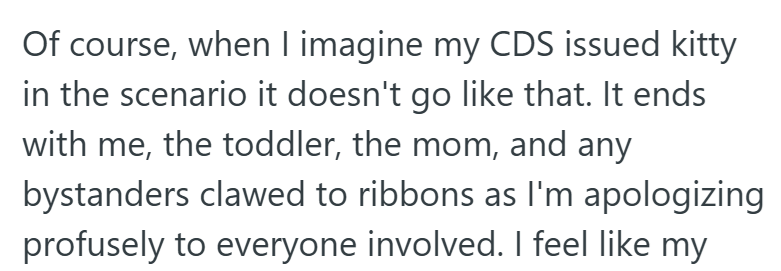 Of course, when I imagine my CDS issued kitty in the scenario it doesn't go like that. It ends with me, the toddler, the mom, and any bystanders clawed to ribbons as I'm apologizing profusely to everyone involved. I feel like my