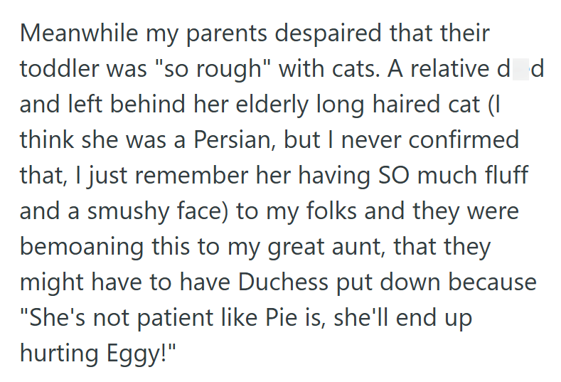 Meanwhile my parents despaired that their toddler was "so rough" with cats. A relative ded and left behind her elderly long haired cat (I think she was a Persian, but I never confirmed that, I just remember her having SO much fluff and a smushy face) to my folks and they were bemoaning this to my great aunt, that they might have to have Duchess put down because "She's not patient like Pie is, she'll end up hurting Eggy!"