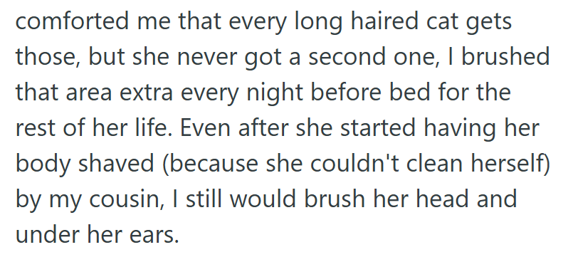 comforted me that every long haired cat gets those, but she never got a second one, I brushed that area extra every night before bed for the rest of her life. Even after she started having her body shaved (because she couldn't clean herself) by my cousin, I still would brush her head and under her ears.