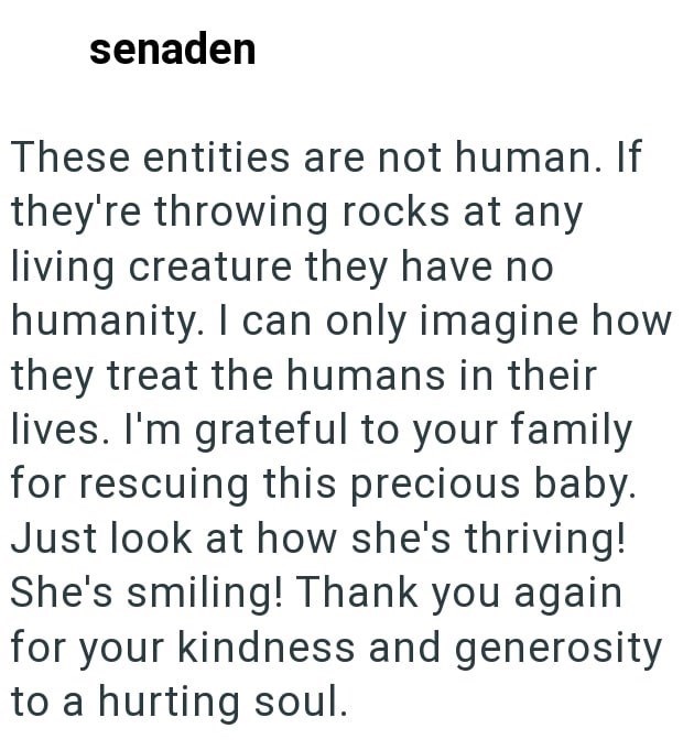 senaden These entities are not human. If they're throwing rocks at any living creature they have no humanity. I can only imagine how they treat the humans in their lives. I'm grateful to your family for rescuing this precious baby. Just look at how she's thriving! She's smiling! Thank you again for your kindness and generosity to a hurting soul.