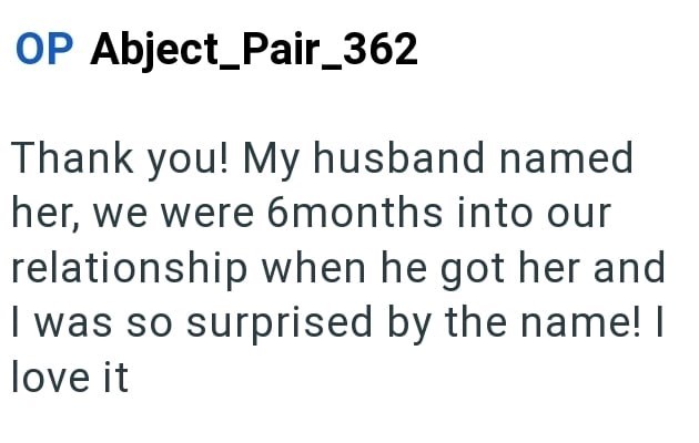 OP Abject_Pair_362 Thank you! My husband named her, we were 6months into our relationship when he got her and I was so surprised by the name! I love it