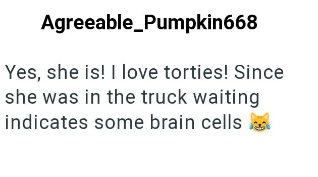 Agreeable_Pumpkin668 Yes, she is! I love torties! Since she was in the truck waiting indicates some brain cells
