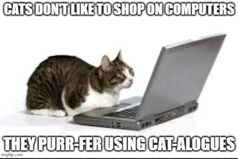 CATS DON'T LIKE TO SHOP ON COMPUTERS THEY PURR-FER USING CAT-ALOGUES imgflip.com