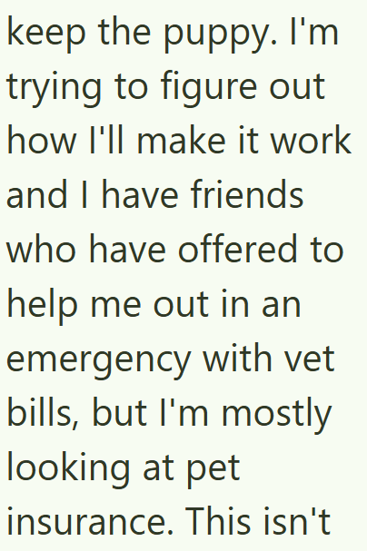 keep the puppy. I'm trying to figure out how I'll make it work and I have friends who have offered to help me out in an emergency with vet bills, but I'm mostly looking at pet insurance. This isn't