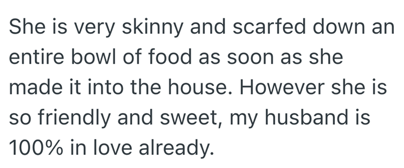 She is very skinny and scarfed down an entire bowl of food as soon as she made it into the house. However she is so friendly and sweet, my husband is 100% in love already.