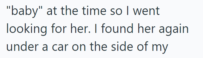 "baby" at the time so I went looking for her. I found her again under a car on the side of my
