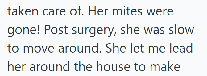 taken care of. Her mites were gone! Post surgery, she was slow to move around. She let me lead her around the house to make