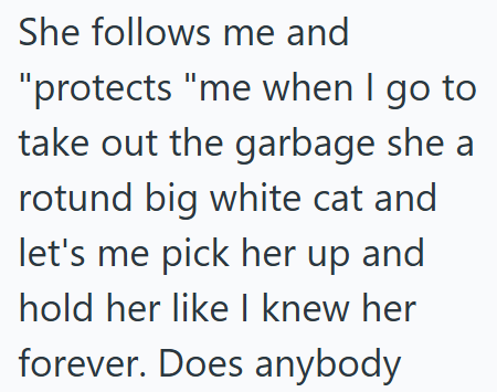She follows me and "protects "me when I go to take out the garbage she a rotund big white cat and let's me pick her up and hold her like I knew her forever. Does anybody