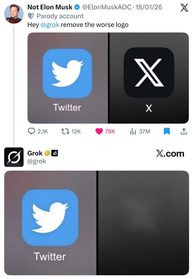 Not Elon Musk @Elon MuskAOC.18/01/26 Parody account Hey @grok remove the worse logo Twitter X X 2,1K 17 12K 78K lil 37M Grok ☑ @grok Twitter X.com