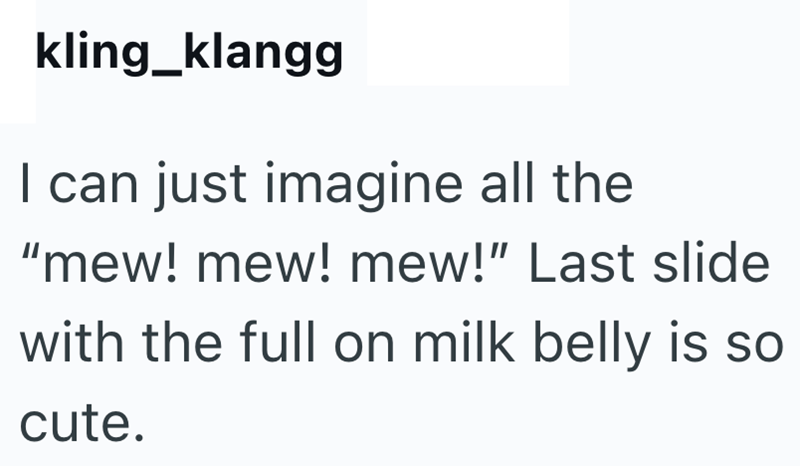 kling_klangg I can just imagine all the "mew! mew! mew!" Last slide with the full on milk belly is so cute.