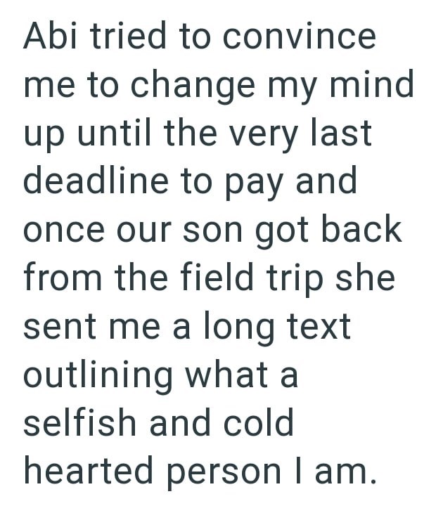 Abi tried to convince me to change my mind up until the very last deadline to pay and once our son got back from the field trip she sent me a long text outlining what a selfish and cold hearted person I am.