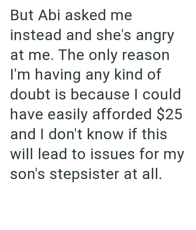 But Abi asked me instead and she's angry at me. The only reason I'm having any kind of doubt is because I could have easily afforded $25 and I don't know if this will lead to issues for my son's stepsister at all.