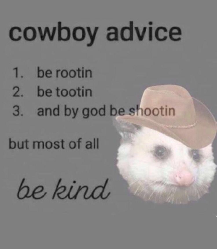 cowboy advice 1. be rootin 2. be tootin 3. and by god be shootin but most of all be kind