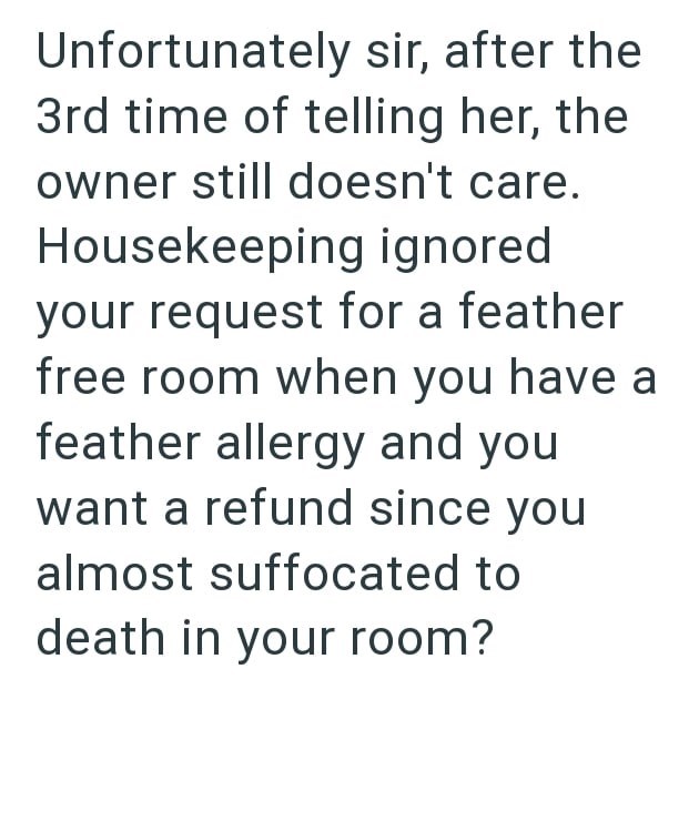 Unfortunately sir, after the 3rd time of telling her, the owner still doesn't care. Housekeeping ignored your request for a feather free room when you have a feather allergy and you want a refund since you almost suffocated to death in your room?