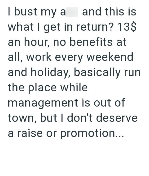 I bust my a and this is what I get in return? 13$ an hour, no benefits at all, work every weekend and holiday, basically run the place while management is out of town, but I don't deserve a raise or promotion...