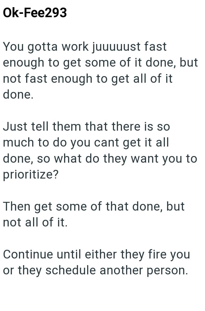 Ok-Fee293 You gotta work juuuuust fast enough to get some of it done, but not fast enough to get all of it done. Just tell them that there is so much to do you cant get it all done, so what do they want you to prioritize? Then get some of that done, but not all of it. Continue until either they fire you or they schedule another person.